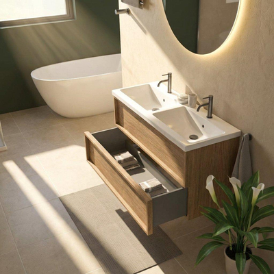 Saniclass Holz Frame Ensemble meuble de salle de bains - 120x45x63.5cm - Bari lavabo en céramique blanc - 2 vasques - 2 trous de robinetterie - 2 tiroirs - chêne natural mat (bois)