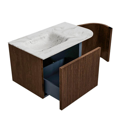 MONDIAZ KURVE-DLUX meuble de salle de bains 75cm avec module 25 R couleur noyer avec 1 tiroir et 1 porte. Vasque GRUNNE gauche sans trou de robinet couleur Glace.
