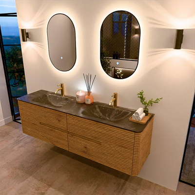 Mondiaz CIRO-DLUX Ensemble de meubles de salle de bains - 170x45x50cm - Vasque solid surface Lava - 2 vasques double - 2 trous de robinet - 4 tiroirs - Chêne