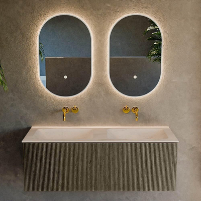 MONDIAZ KURVE-DLUX Meuble de salle de bains 120cm couleur Shadow avec 1 tiroir et 0 porte. Lavabo LEAF Double sans trou de robinet Meli.