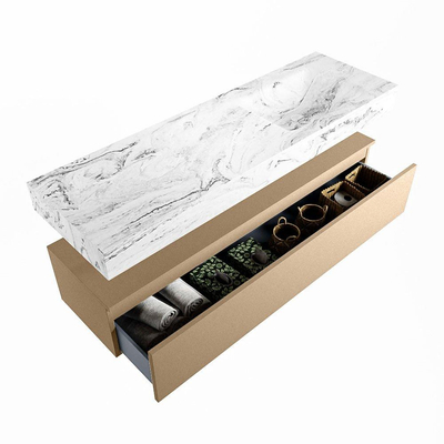 Mondiaz ALAN-DLUX Ensemble de meuble - 150cm - meuble Oro mat - 1 tiroir - Lavabo Cloud Glace suspendu - vasque Droite - 1 trou de robinet
