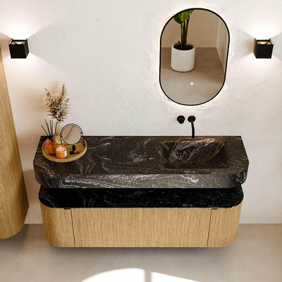 MONDIAZ THOR-DLUX 150cm badmeubel ronding links + rechts kleur Oak met 1 lade en 2 deuren. Vrijhangende wastafel CLOUD Rechts zonder kraangat kleur Lava.