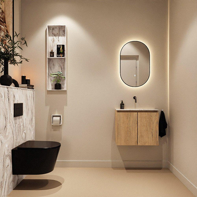 MONDIAZ TURE-DLUX Meuble toilette - 60cm - Washed Oak - EDEN - vasque Glace - position centrale - sans trou de robinet