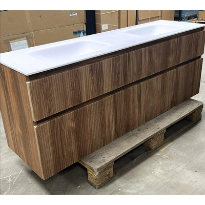 BRAUER Delight Wavy wastafelonderkast 160 4 softclose lades met solid surface dubbele wastafel - greeploos - 2 sifon uitsparingen - Honey -hoek beschadigd OUTLET UDEN