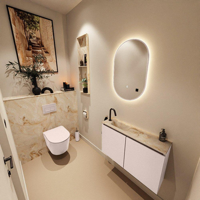 MONDIAZ TURE-DLUX meuble de toilettes 80 cm Rosee. EDEN lavabo Frappe position gauche. Avec 1 trou de robinet.