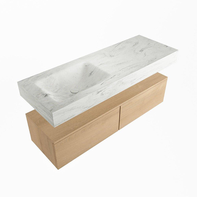 Mondiaz ALAN-DLUX Ensemble de meuble - 130cm - meuble Washed Oak mat - 2 tiroirs - Lavabo Cloud Opalo suspendu - vasque Gauche - 1 trou de robinet