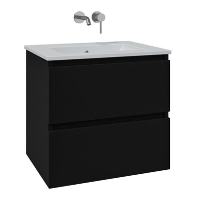 Adema Chaci Ensemble de meuble - 60x46x57cm - 1 vasque en céramique blanche - sans trou de robinet - 2 tiroirs - armoire de toilette - noir mat