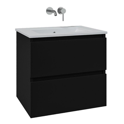Saniclass Chaci Ensemble meuble de salle de bains - 60x46x55cm - lavabo céramique blanc - 1 vasque - sans trou de robinet - 2 tiroirs - armoire de toilette - noir mat