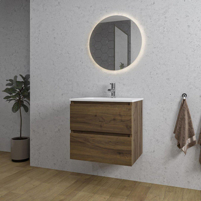 Saniclass Chaci Meuble de salle de bain - 80x46x55cm - lavabo en céramique blanc - 1 vasque - 1 trou de robinet - 2 tiroirs - noyer (hout)
