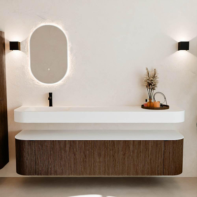 MONDIAZ THOR Meuble de salle de bains - 190cm - arrondi gauche + droite - couleur Walnut - 2 tiroirs et 2 portes - Vasque suspendue CLOUD Gauche 1 trou de robinet - couleur Talc