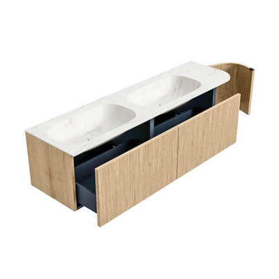 MONDIAZ KURVE-DLUX meuble de salle de bains 165cm avec module 25 R couleur chêne avec 2 tiroirs et 1 porte. Lavabo STOR SMALL double / gauche sans trou de robinet couleur Ostra.