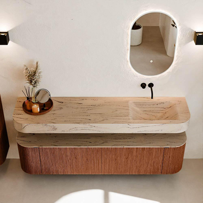 MONDIAZ THOR-DLUX Meuble de salle de bains 180cm arrondi gauche + droite couleur Ruby avec 2 tiroirs et 2 portes. Vasque suspendue CLOUD Droite sans trou de robinet couleur Arena.