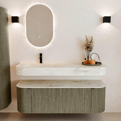 MONDIAZ THOR-DLUX Meuble de salle de bains 140cm arrondi gauche + droite couleur Shadow avec 1 tiroir et 2 portes. Vasque suspendue CLOUD Gauche 1 trou de robinet couleur Ostra.