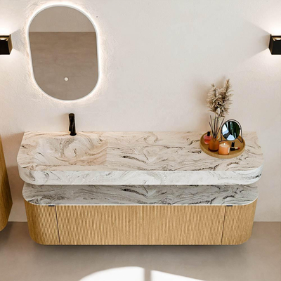 MONDIAZ THOR-DLUX 170cm meuble de salle de bains arrondi gauche + droite couleur Oak avec 1 tiroir et 2 portes. Vasque suspendue CLOUD Gauche 1 trou de robinet couleur Glace.