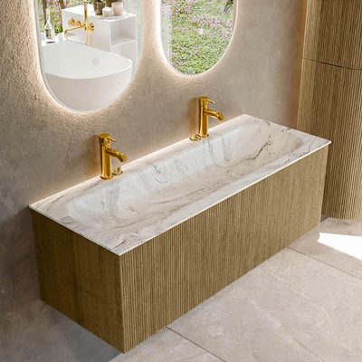 Mondiaz KURVE-DLUX Badkamermeubelset - 120x46x40cm - 1 lade - wastafel solid surface - midden - 2 kraangaten - Dusk