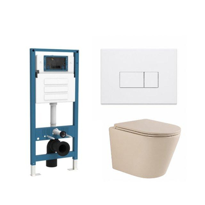 QeramiQ Dely Ensemble WC - réservoir encastré Qeramiq Flush - abattant slim - plaque de commande blanche brillante en plastique - boutons rectangulaires - beige