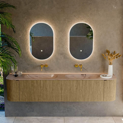 MONDIAZ KURVE-DLUX Meuble de salle de bains 200cm arrondi Gauche + Droite couleur Dusk avec 2 tiroirs et 2 portes. Lavabo STOR SMALL Double sans trou de robinet Arena.