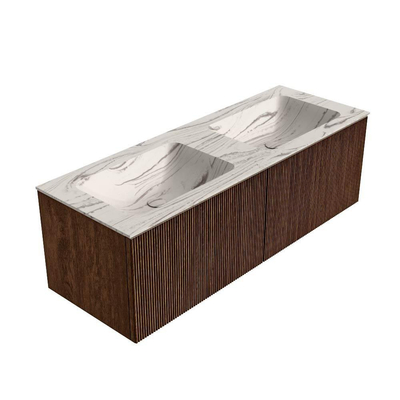 MONDIAZ KURVE-DLUX 130cm badmeubel kleur Walnut met 2 lades en 0 deuren. Wastafel LEAF Dubbel zonder kraangat Nata.