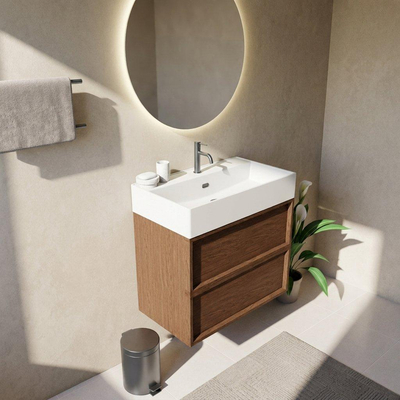 Saniclass Holz Frame Ensemble de meubles de salle de bains - 80x45x72cm - lavabo Legend en céramique blanc mat - 1 vasque - 1 trou de robinetterie - 2 tiroirs - noyer pur mat (bois)