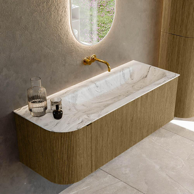 Mondiaz KURVE-DLUX Ensemble de meuble salle de bain - 125x46x40cm - 1 tiroir - 1 porte - lavabo en solid surface - droite - sans trou de robinet - Dusk