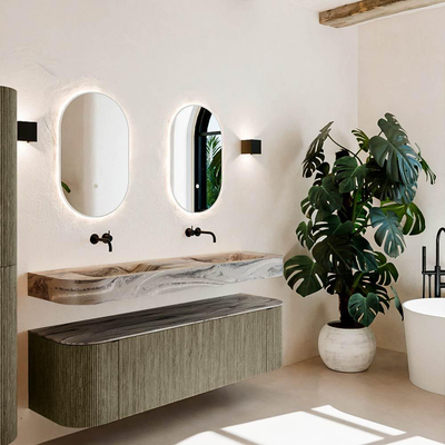 MONDIAZ THOR-DLUX 160cm meuble de salle de bains arrondi gauche + droite couleur Shadow avec 1 tiroir et 2 portes. Vasque suspendue CLOUD Double sans trou de robinet couleur Sombra.