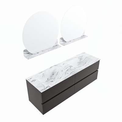 Mondiaz VICA-DLUX ensemble de meuble de salle de bain - 150cm - meuble sous-vasque gris foncé - 4 tiroirs - lavabo encastré cloud double - sans trous de robinet - version haute de 60cm - glace