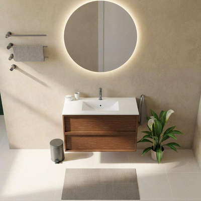 Saniclass Holz Frame Ensemble de meubles de salle de bains - 100x45x62cm - Vygo lavabo en céramique blanc - 1 vasque - 1 trou de robinetterie - 2 tiroirs - walnut pure mat (bois)