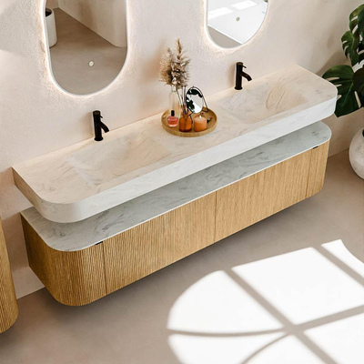 MONDIAZ THOR-DLUX 200cm badmeubel ronding links + rechts kleur Oak met 2 lades en 2 deuren. Vrijhangende wastafel CLOUD Dubbel 2 kraangaten kleur Opalo.