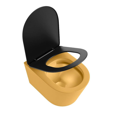 Mondiaz LAVIE hangtoilet – spoelrandloos – 36 x 53 cm – met softclose zitting – Ocher (geel), zitting Urban (zwart)