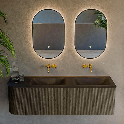Mondiaz KURVE Ensemble de meuble de salle de bains - 145x46x40cm - 1 tiroir - 1 porte - vasque solid surface - double / droite - sans trou de robinet - Shadow