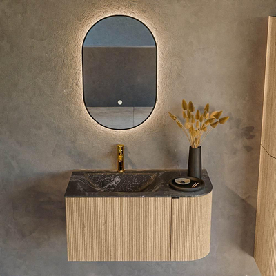 MONDIAZ KURVE-DLUX Meuble de salle de bains 85 cm avec module 25 R couleur Chêne avec 1 tiroir et 1 porte. Lavabo CLOUD gauche 1 trou de robinet couleur Lava.
