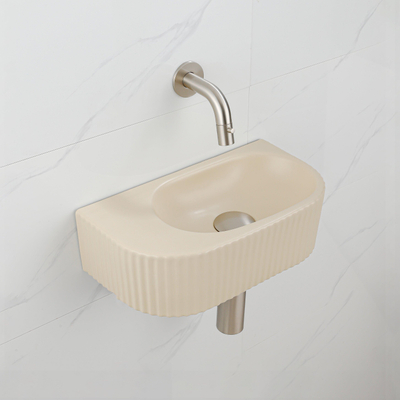 QeramiQ Fuente pack lave-mains – demi-rond – 40 x 21,5 x 12 cm – céramique beige – robinet inox brossé – cannelé