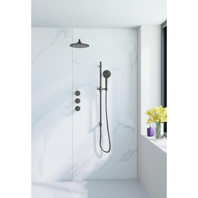 Fortifura Nebbio Ensemble de douche pluie - robinet encastré - partie encastrée - barre coulissante - flexible de douche métal - douchette ronde - bras mural 35cm - pomme de douche ronde - finition PVD gunmetal brossé