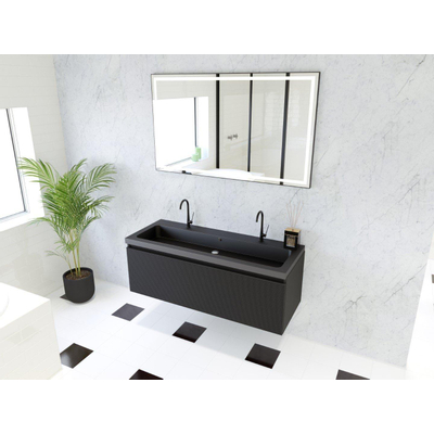 HR Matrix ensemble meuble de salle de bain 3d 120cm 1 tiroir sans poignée avec bandeau couleur noir mat avec lavabo djazz 2 trous de robinetterie noir mat