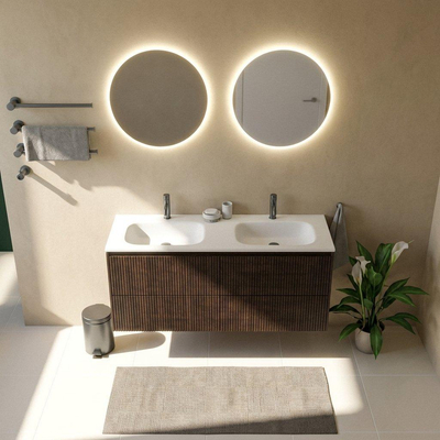 Saniclass Holz Atelier Ensemble meuble de salle de bains - 140x45x61.5cm - lavabo Flow en solid surface blanc - 2 vasques - 2 trous de robinetterie - 4 tiroirs - chêne charcoal mat (bois)