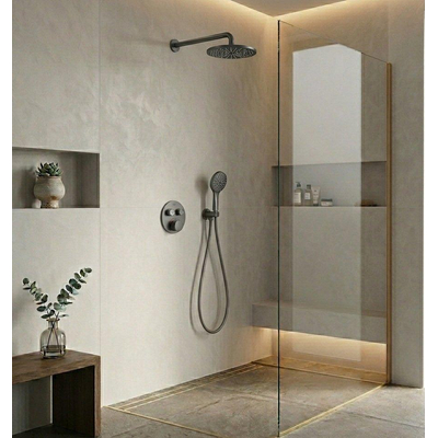 Grohe Grohtherm regendoucheset inbouw - hoofddouche rond - handdouche rond - gebogen wandarm - hard graphite geborsteld