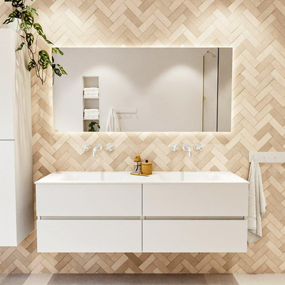 MONDIAZ VICA meuble sous lavabo 150cm Talc 4 tiroirs. Lavabo CLOUD double sans trou de robinet, couleur Talc.
