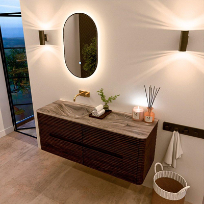 Mondiaz CIRO-DLUX Ensemble de meubles de salle de bains - 130x45x50cm - vasque en solid surface Sombra - 1 lavabo à gauche - sans trous de robinet - 4 tiroirs - Noyer