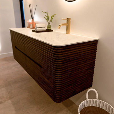 Mondiaz CIRO-DLUX Meuble de salle de bains - 140x45x50cm - Plan-vasque solid surface Opalo - 1 lavabo à droite - 1 trou de robinet - 4 tiroirs - Noyer