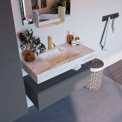 Mondiaz ALAN-DLUX Ensemble de meuble - 90cm - meuble Plata mat - 1 tiroir - Lavabo Cloud Frappe suspendu - vasque Centre - 1 trou de robinet