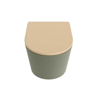 Mondiaz LAVIE hangtoilet – spoelrandloos – 36 x 53 cm – met softclose zitting – Army (groen), zitting Sand (beige)