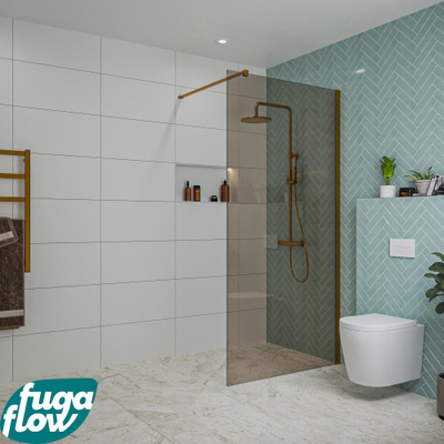 FugaFlow Eccelente Vetro inloopdouche badkamer - 100x200cm - rookglas - wandarm - geborsteld koper