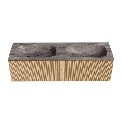 MONDIAZ KURVE-DLUX 150cm meuble de salle de bains couleur Oak avec 2 tiroirs et 0 portes. Lavabo STOR SMALL Double sans trou de robinet Oza.