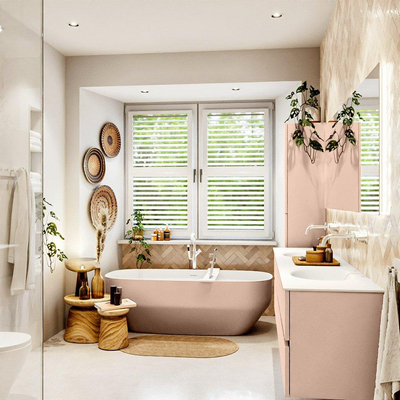 MONDIAZ VICA Ensemble meuble de salle de bains - 200cm - meuble bas rosee - 4 tiroirs - lavabo moon double - sans trous de robinet - version haute 60cm - talc