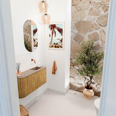 Mondiaz JOYA-DLUX 81.6cm toiletmeubel - ronding links kleur Oak - Wastafel FAYE positie Rechts Zonder kraangat kleur Arena.