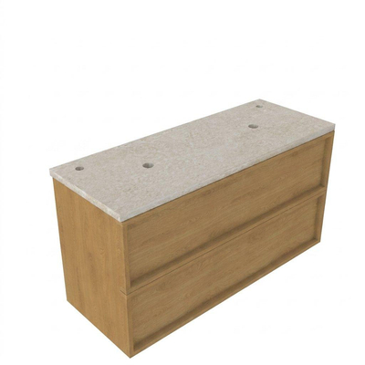 Saniclass Holz Frame Ensemble meuble de salle de bains - 120x45x63cm - Plan de travail en pierre naturelle travertin - 2 trous de robinetterie - 2 tiroirs - chêne natural mat (bois)