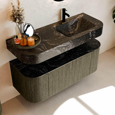 MONDIAZ THOR-DLUX 120cm meuble de salle de bains arrondi gauche + droite couleur Shadow avec 1 tiroir et 2 portes. Vasque suspendue CLOUD Droite 1 trou de robinet couleur Lava.