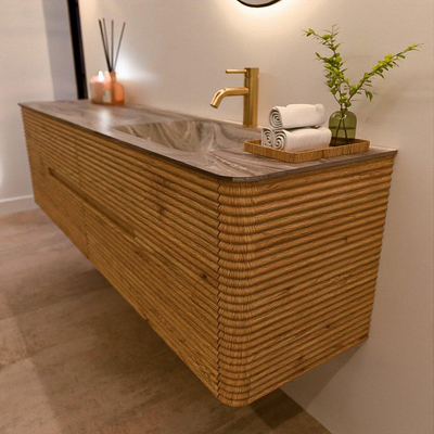 Mondiaz CIRO-DLUX Badkamermeubelset - 180x45x50cm - Solid surface wastafel Sombra - 1 wasbak Rechts - 1 kraangat - 4 lades - Oak