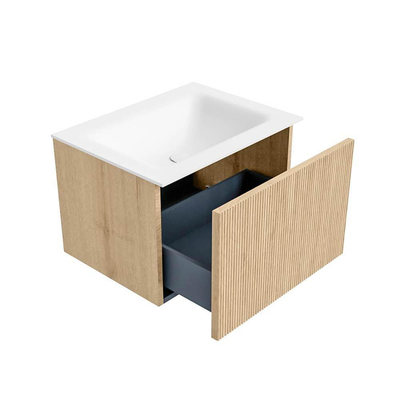 MONDIAZ KURVE 60cm Meuble salle de bain - couleur Oak - 1 tiroir - vasque CLOUD centre - sans trous de robinet - Talc