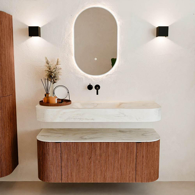 MONDIAZ THOR-DLUX 120cm badmeubel ronding links + rechts kleur Ruby met 1 lade en 2 deuren. Vrijhangende wastafel CLOUD Midden zonder kraangat kleur Ostra.